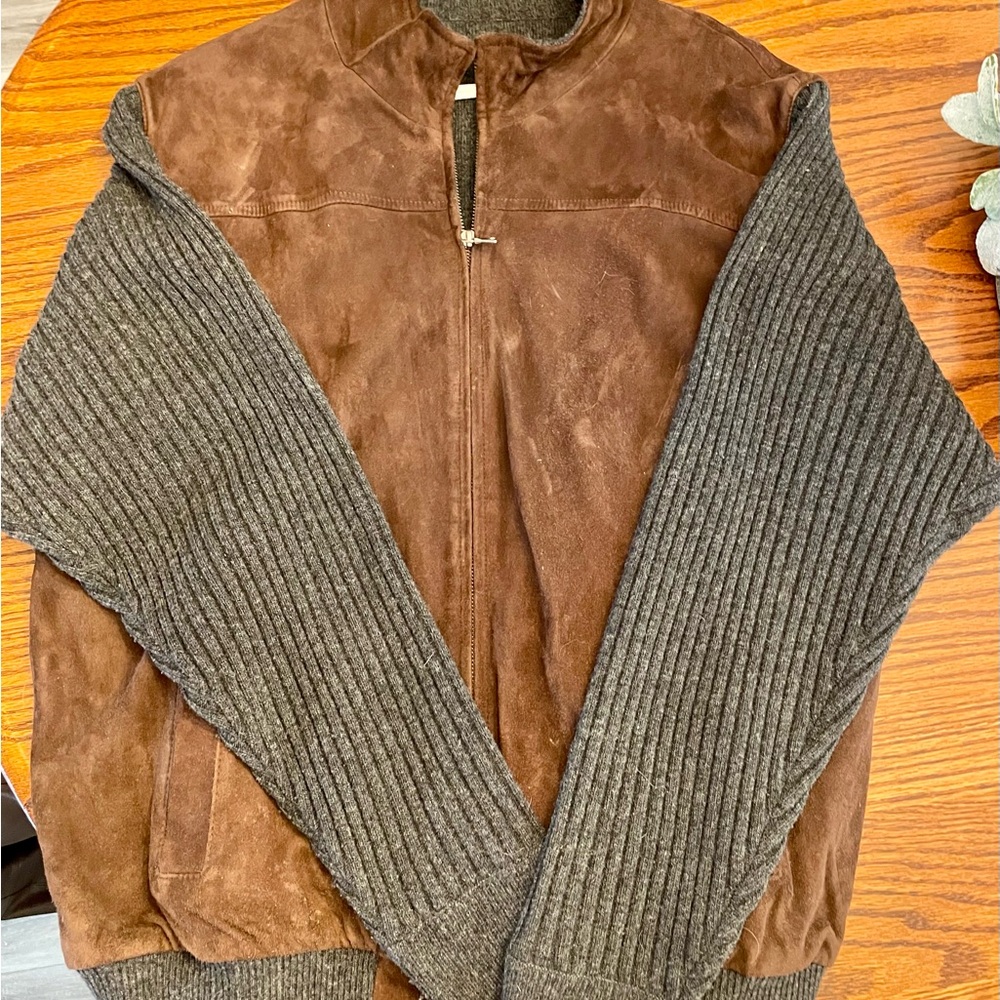 Talbots Brown and Gray Bomber Jacket with Suede and Knit - Picture 1 of 5